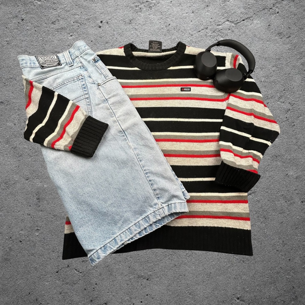 Vintage Southpole Striped Knit‎ Sweater Mens Medium Black Grey Red Y2K Skater
